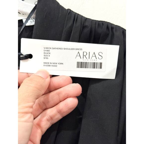 NWT Arias 100% Cotton Gathered Shoulder V-Neck Maxi Dress Black Women's Size 8 - Picture 3 of 5